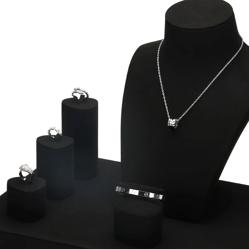 Black Microfiber Necklace Ring Earrings Jewelry Display Stand Prop Set - Image 4