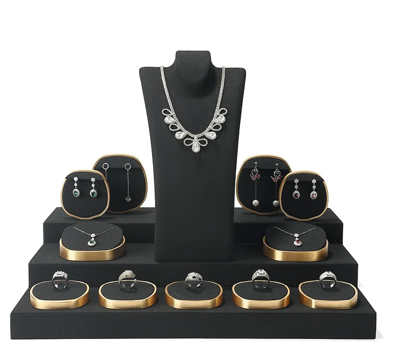 Black Metal Microfiber Jewelry Display Tray Necklace Bracelet Ring Display Rack Suit