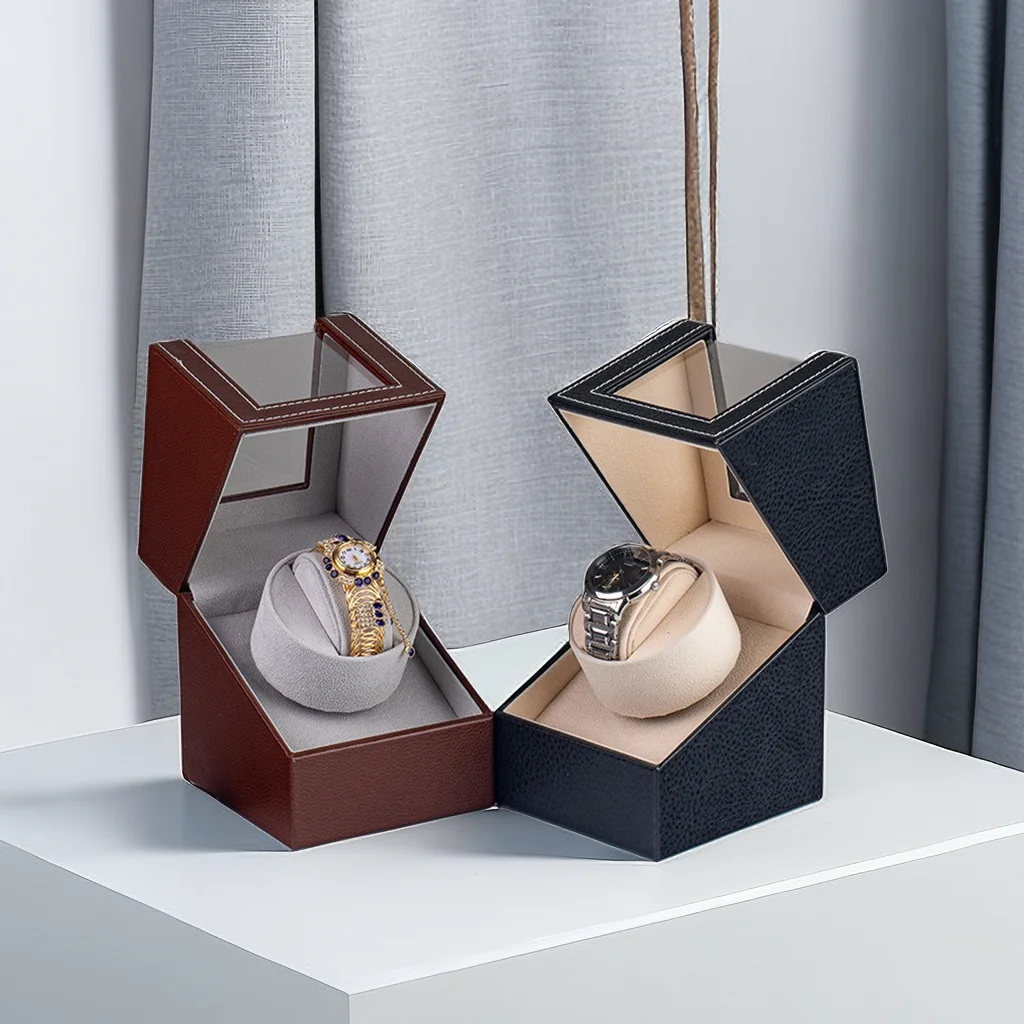 Luxury Black Pu Leather Watch Storage Box Automatic Silent Rotate Watch Winder