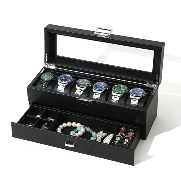Black Carbon Fiber Watch Box for Men and Women Jewelry Collection & Watch Packaging Storage Case Stylish Gift Box - Image 5