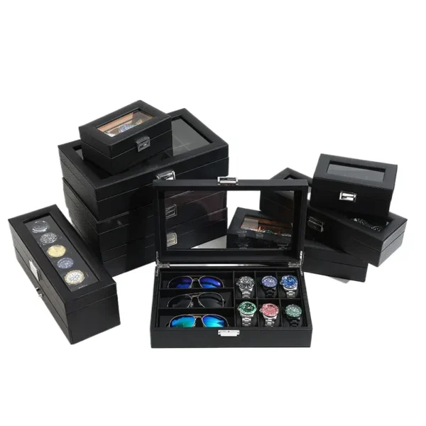 Black Carbon Fiber Watch Box for Men and Women Jewelry Collection & Watch Packaging Storage Case Stylish Gift Box - Image 2