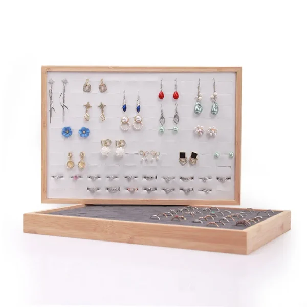 100-bit Wood Velvet Ring Display Plate Large Capacity Ring Ear Studs Sponge Flannel Jewelry Tray - Image 5