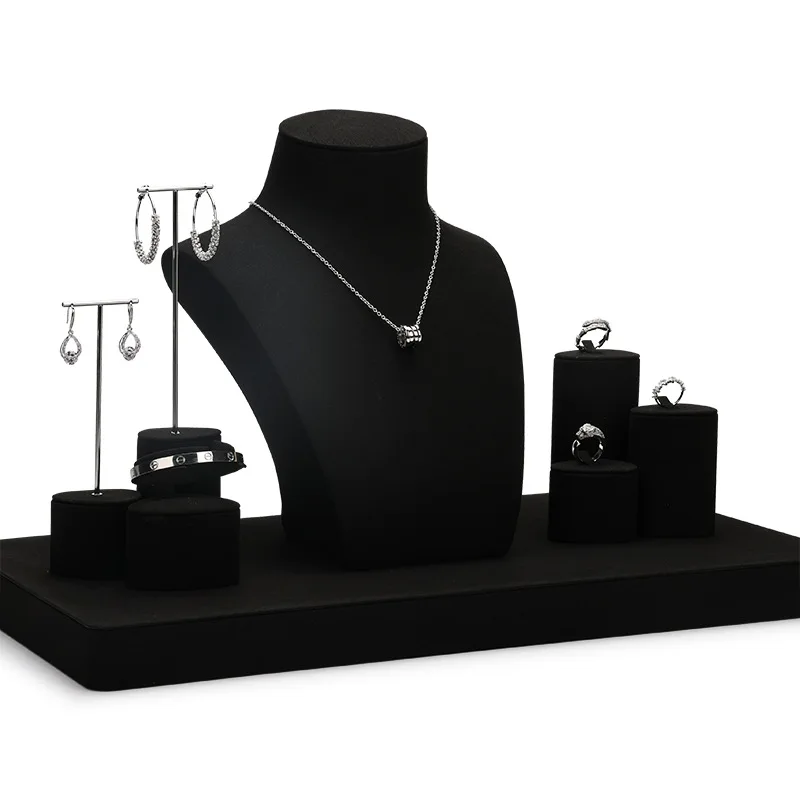 Black Microfiber Necklace Ring Earrings Jewelry Display Stand Prop Set - Image 2