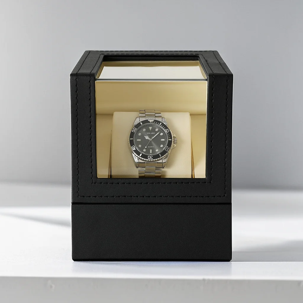 Luxury Customized Logo Watch Men's Packing Box PU Leather Acrylic Window Flip Storage Watch Box