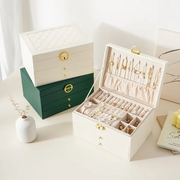 European Leather Jewelry Storage Box Plaid Pu Large Capacity Multi-layer Ring Earrings Ring Necklace Jewelry Box - Image 2