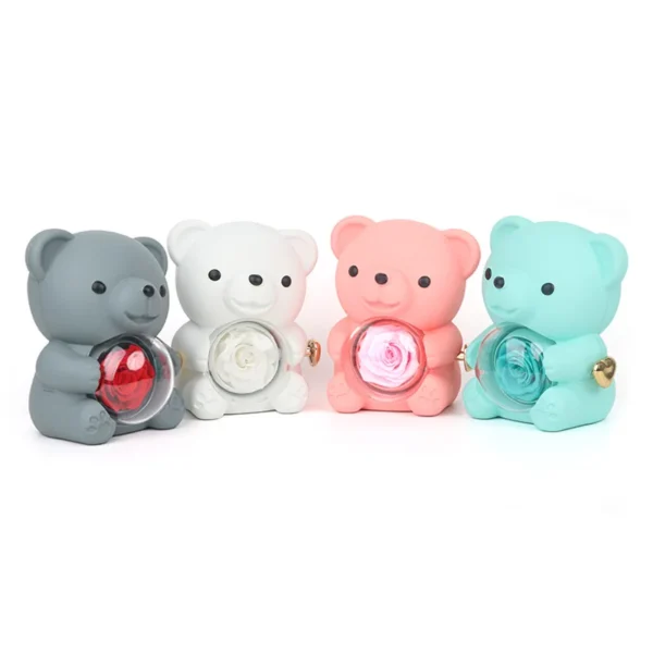 Valentine's Day Hug Bear Rotating Preserved Flower Gift Box Ring Necklace Jewelry Box