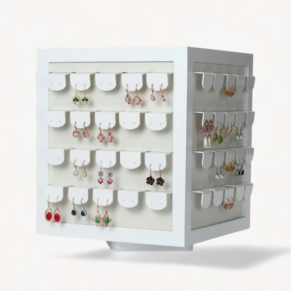 Square White Pu Leather Rotating Display Stand for Earrings and Jewelry Display