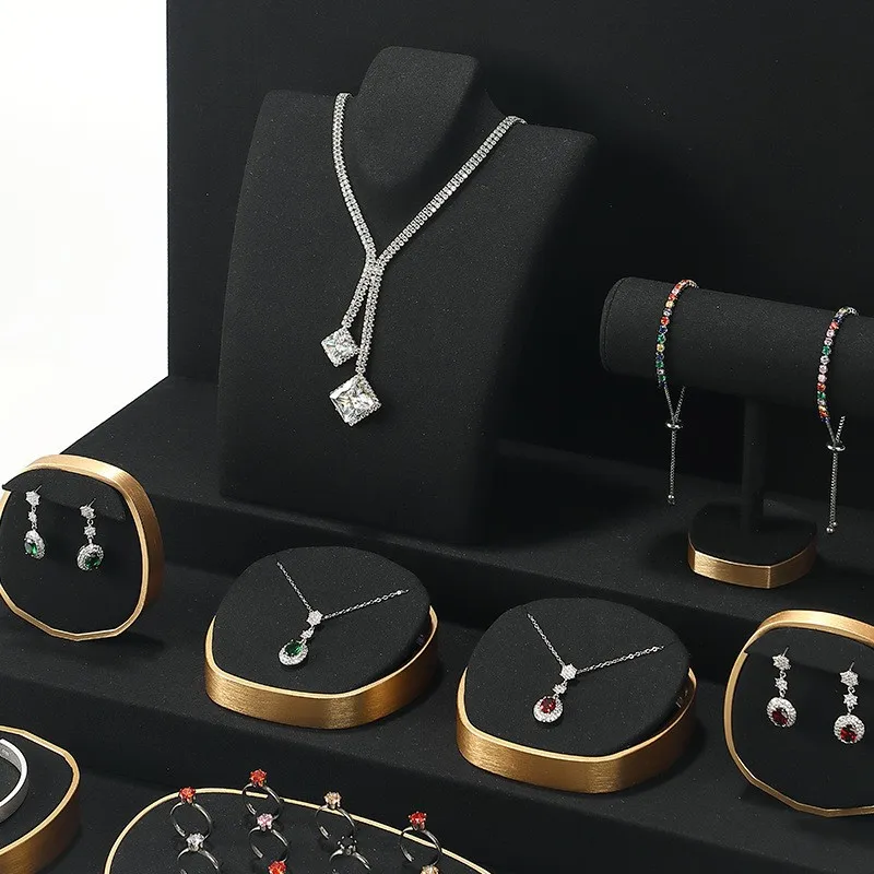 Black Metal Microfiber Jewelry Display Tray Necklace Bracelet Ring Display Rack Suit - Image 2