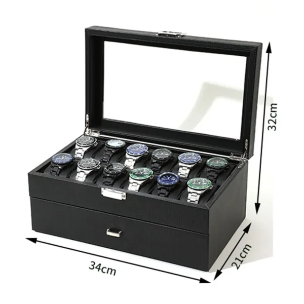 Black Carbon Fiber Watch Box for Men and Women Jewelry Collection & Watch Packaging Storage Case Stylish Gift Box - Image 6