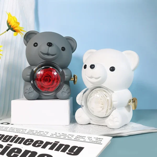 Valentine's Day Hug Bear Rotating Preserved Flower Gift Box Ring Necklace Jewelry Box - Image 5