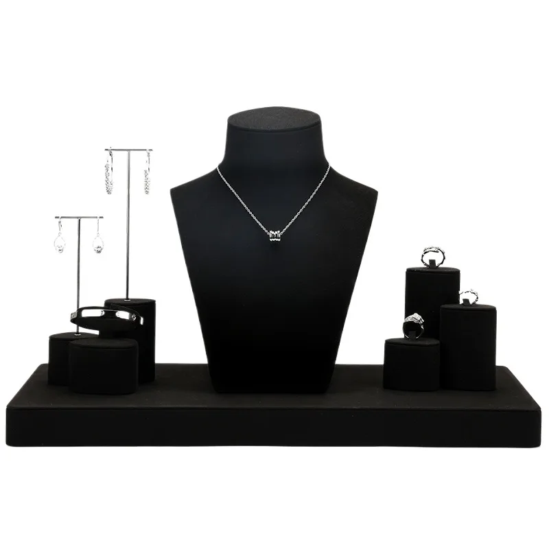 Black Microfiber Necklace Ring Earrings Jewelry Display Stand Prop Set