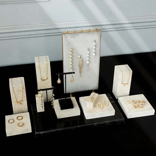 Stone White Yellow Travertine Jewelry Display Stand Necklace Storage Rack Earring Rack Earring Board Jewelry Display Set - Image 2