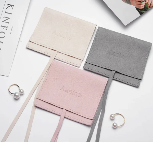 Custom Logo Luxury Jewellery Packaging Soft Microfiber Envelope Flap Drawstring Pouch Bag for Ring Earring Bracelet Bangle - Image 2